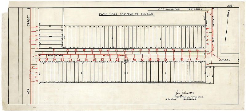Plan, [No title. Plan of lots with sewer connections on Penngrove (now Pennsgrove) Street between 39th and 40th streets. "Plan made previous to building"]