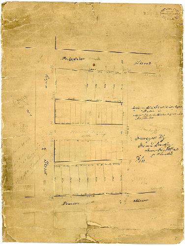 Plan, Surveyed by Sam. L. Smedley, Surv. & Reg. 11th Dist., per Hancock. [On reverse: "Old plan of lots at 41st and Aspen. N-35-C3. Joshua Clendenon, 528 Walnut St., City"] 