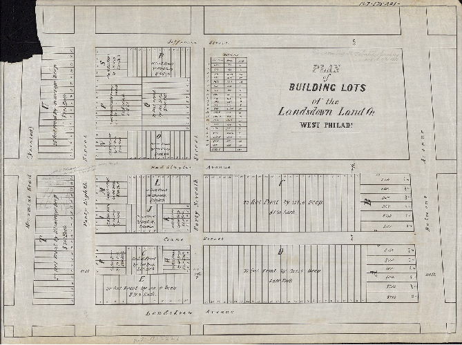 Plan, Plan of building los of the Lansdown Land Co. West Philada. [Tracing copy of original]. Note in pencil: "Plan of the property of Sam'l. L. Smedley, 224 S. 5th St."
