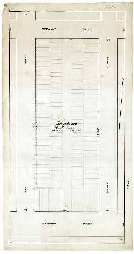 Plan, [No title. One of five plans showing lot and street layouts between 47th and Markoe streets, from Haverford to Fairmount avenues. This ground was underlaid by a curving section of the Mill Creek Sewer (not noted on any of the plans); the pipe passed directly beneath a number of houses.]