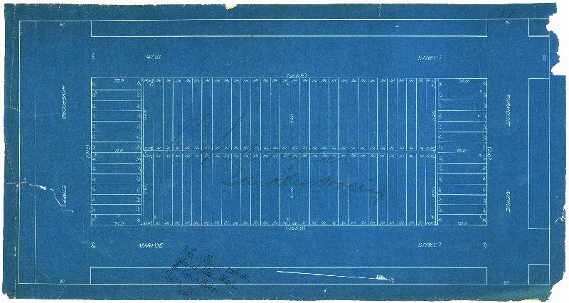 Plan, [No title. One of five plans showing lot and street layouts between 47th and Markoe streets, from Haverford to Fairmount avenues. This ground was underlaid by a curving section of the Mill Creek Sewer (not noted on any of the plans); the pipe passed directly beneath a number of houses.]