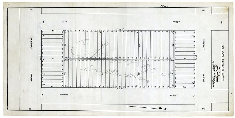 Plan, [No title. One of five plans showing lot and street layouts between 47th and Markoe streets, from Haverford to Fairmount avenues. This ground was underlaid by a curving section of the Mill Creek Sewer (not noted on any of the plans); the pipe passed directly beneath a number of houses.]