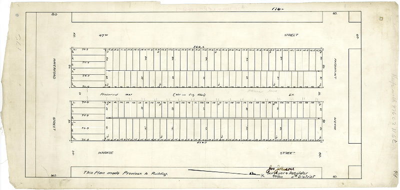 Plan, [No title. One of five plans showing lot and street layouts between 47th and Markoe streets, from Haverford to Fairmount avenues. This ground was underlaid by a curving section of the Mill Creek Sewer (not noted on any of the plans); the pipe passed directly beneath a number of houses.]