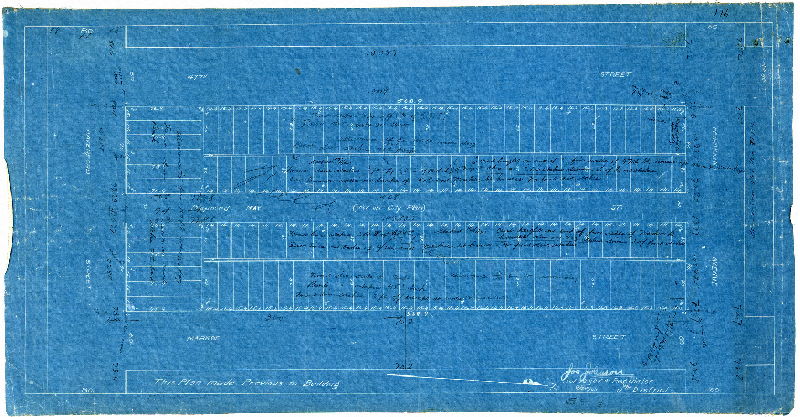 Plan, [No title. One of five plans showing lot and street layouts between 47th and Markoe streets, from Haverford to Fairmount avenues. This ground was underlaid by a curving section of the Mill Creek Sewer (not noted on any of the plans); the pipe passed directly beneath a number of houses. This blueprint is a working copy, noting the location of stakes marking building lines, cuts and fills, and other information. Reverse also scanned.]