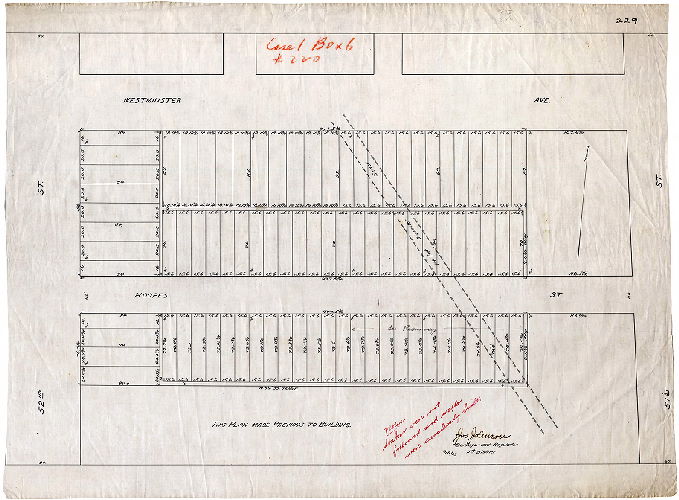 Plan, [No title. Plan of lots "made previous to building" on Hoopes Street and Westminster Avenue between 51st and 52nd streets, showing Mill Creek sewer running diagonally under private property.]
