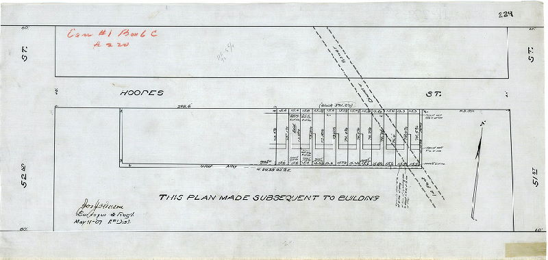 Plan, [No title. Plan of lots "made subsequent to building" on Hoopes Street between 51st and 52nd Streets, showing Mill Creek sewer running diagonally under houses.]