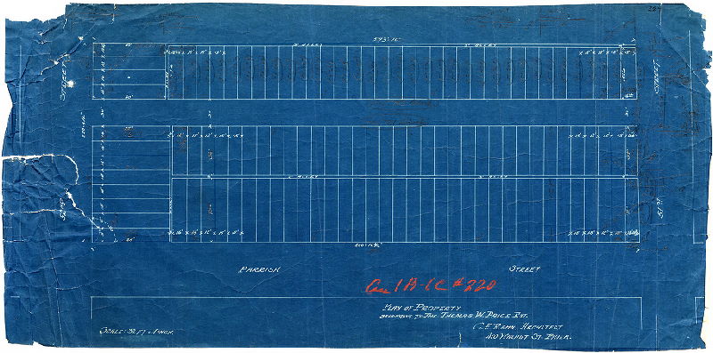 Plan, Plan of property belonging to the Thomas W. Price est[ate]. C. E. Rahn, Architect. 410 Walnut St. Phila. [On reverse, in pencil: John Megraw, 407 Land Title Bldg."]