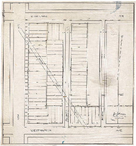 Plan, [No title. Plan of lots between, Westminster Avenue and Wyalusing Street, on 52nd, Creighton, and Paxon streets. Mill Creek Sewer is shown running diagonally under private property.]