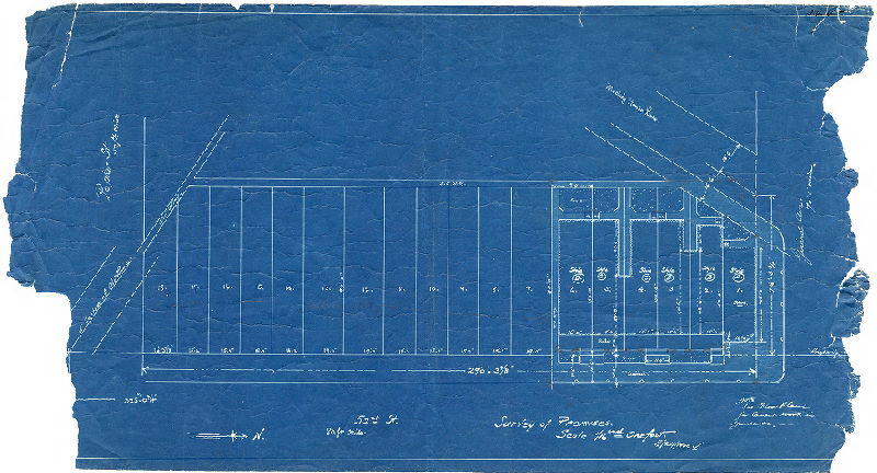 Plan, Survey of Premises. [Plan showing subdivision at 52nd Street and Girard Avenue, with four different styles of house depicted.]