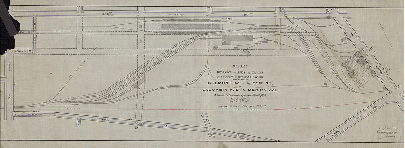Plan, Plan of revision of lines and grades on that portion of the 34th Ward lying between Belmont Ave. and 52nd St. and Columbia Ave. and Merion Ave. Authorized by ordinance approved Nov. 8th, 1894, and Dec. 28th, 1895, and April 7th, 1898. Confirmed by the Board of Surveyors Jan. 3, 1899. 