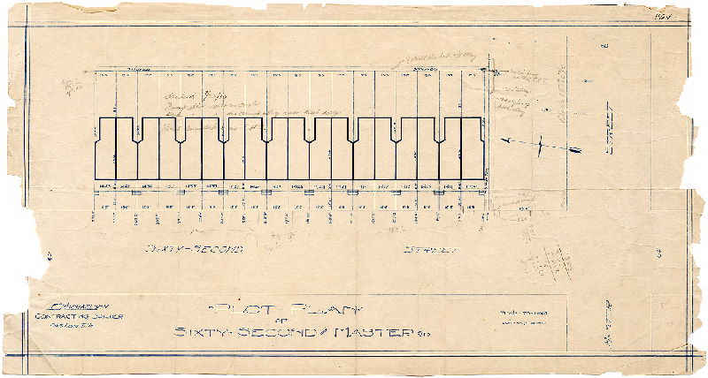 Plan, Plot plan of Sixty-second and Master Sts. F. C. Michaelsen, Contracting Builder. 845 Land Title. Scale 20' = 1 inch. Date: Sept. 15, 1910
