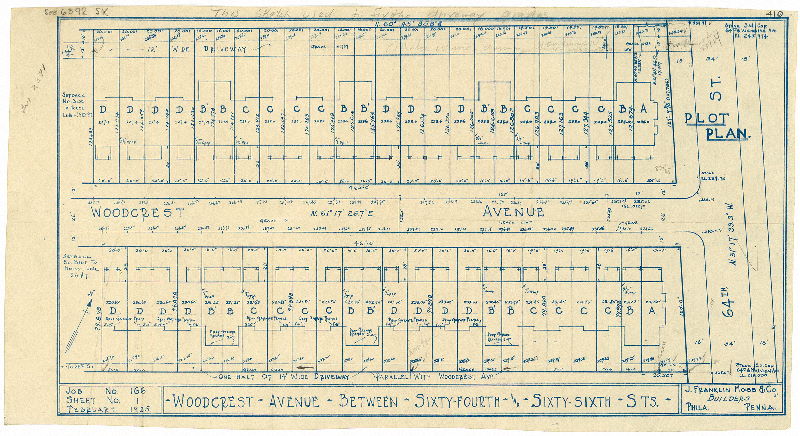 Plan, Woodcrest Avenue between Sixty-fourth and Sixty-sixth Streets. J. Franklin Moss & Co., Builders, Phila. Penna. Job No. 166, Sheet No. 1, February 1925.