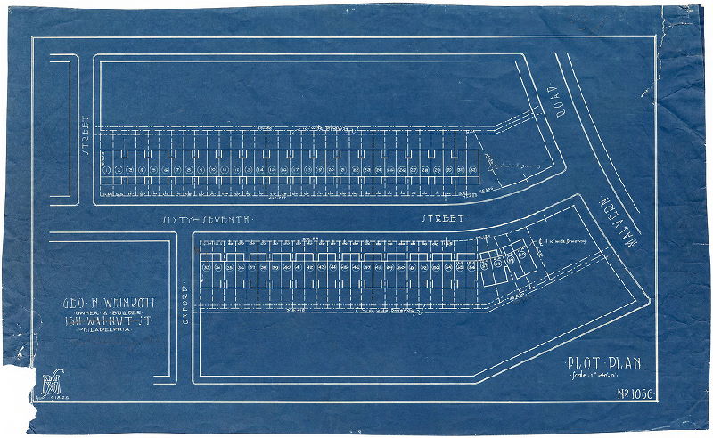 Plan, Geo H. Weinrott, Owner & Builder, 1611 Walnut St. Philadelphia. Plot Plan Scale 1" = 40'-0. No. 1066. 