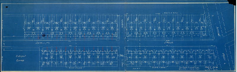 Plan, Plot plan of Sixty-fifth Street, Lansdowne Avenue to Jefferson Street. Moss & Taylor, Builders. April 26, 1920. Ralph F. Moss. 