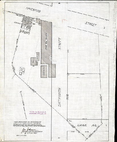 Plan, [No title. Plan of property at 69th St. and Haverford Ave. that includes a large stone mill building and associated structures, including water tanks. "This plan for the purpose of conveyance only." ]