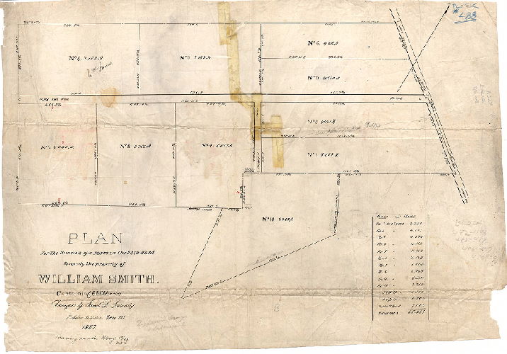 Plan, Plan for the division of a farm in the 24th Ward formerly property of William Smith. Containing 65.06 acres. Surveyed by Saml. L. Smedley, Philadelphia, 7 mo 1st 1857. Tracing made May 10, 93. M. E. H.