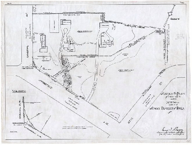 Plan, Survey & plan of property in the 52nd Ward made for School District of Philadelphia. [Plan shows building footprints, and driveways. A public school now occupies part of this property.]