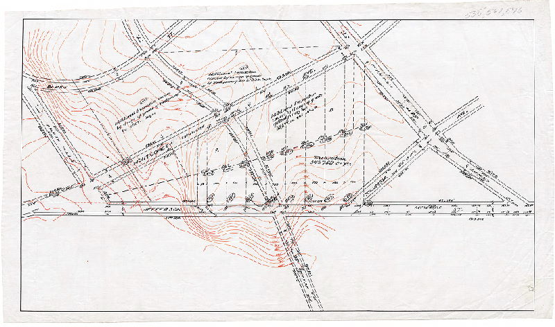 Plan, [No title. Topographic plan showing calculation of additional excavation required on adjoining private property by lowering of grade of Montgomery Avenue between 54th and 57th streets.]