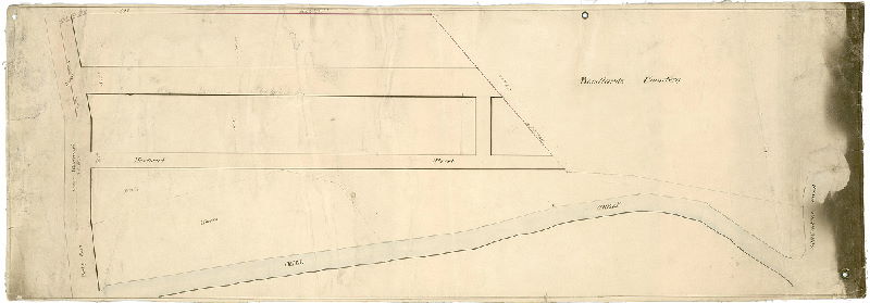 Plan, [No title. Mill Creek and Warren property along Woodward Street, to Schuylkill River. Also shows Woodland Cemetery. 