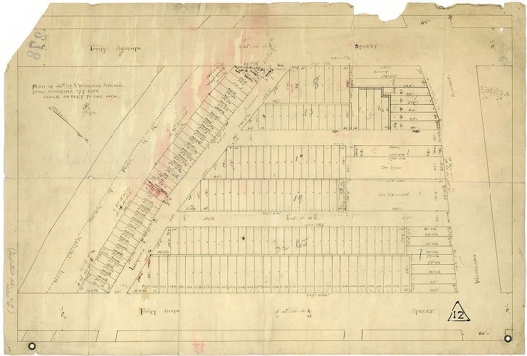 Plan, Plan of 46th St. & Woodland Avenue. Total contents 177 lots. Scale 48 feet to one inch. S. R. 12/28/91. 