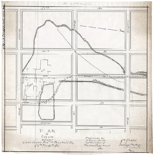 Plan, Plan of creeks between Lansdowne Ave. and Paschall St., 57th and 55th St. Plan made for H. Oscar Smith by the order of the Law Department. No. 1. 