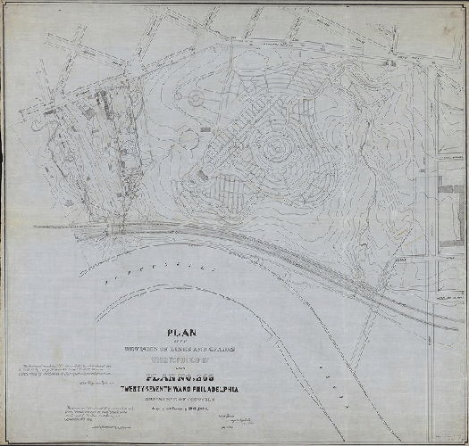 Plan, Plan of the revision of lines and grades with topography upon Plan No 265, Twenty-seventh Ward, Philadelphia. Ordinance of Councils approved January 29th, 1886. [Tracing copy made in 1909]