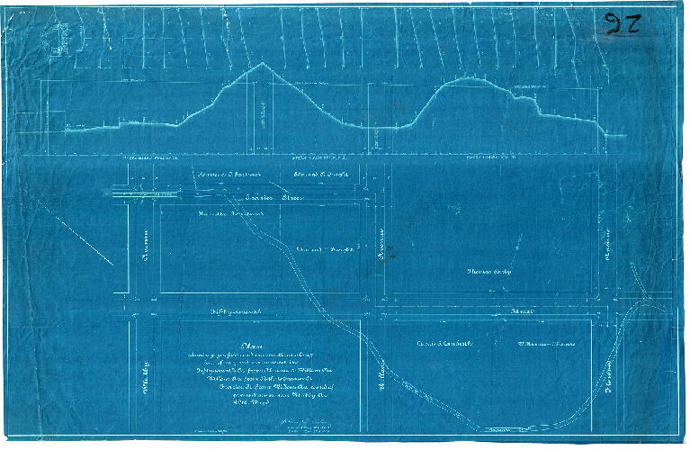 Plan, Plan showing profile and cross-sections along line of proposed main sewer in Fifty-seventh St. from Florence to Willows Av., Willows Av. From 57th to Frazier St., Frazier St. from Willows Av. To end of present sewer near Whitby Av. 40th Ward 