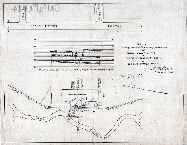 Plan, Plan showing locations and existing conditions of water supply pipes at West End Woolen Mills in Cobbs Creek Park