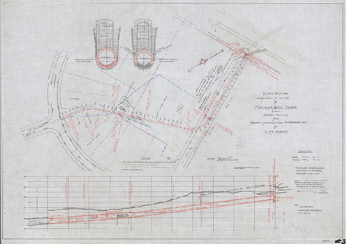 Plan, Plan showing extension of branch of Merion Creek Sewer through private property from present terminus near Overbrook Ave. to City Avenue. [Tracing copy made in 1939]