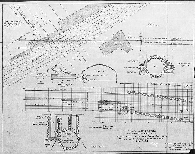 Plan, Plan and profile of continuation of proposed Merion Ave. [Merion Creek] sewer though culvert at Overbrook. June 1906….Lower Merion Township...Robley A. Warner C.E., Supt. Health and Drainage