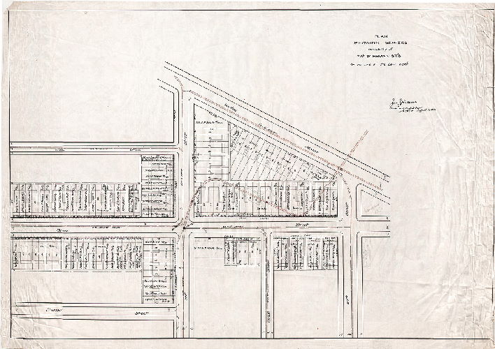 Plan, Plan showing sewers in vicinity of 38th and Brown St.'s. For the use of the Law Dep't. Jos. Johnson, Surveyor & Regulator, 11th Dist., August 10, 1899. 