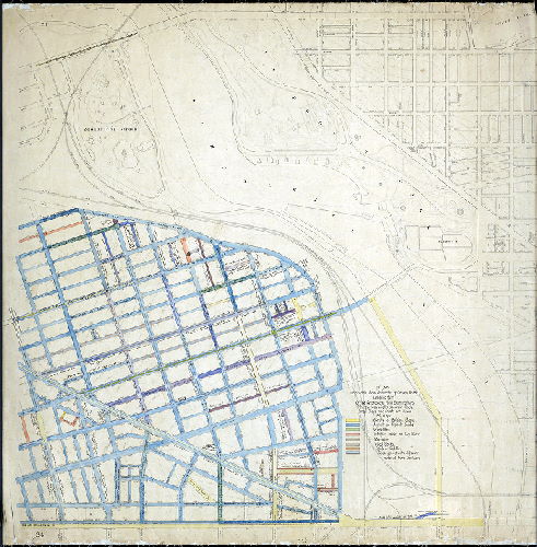 Plan (adjusted), Plan colored to show character of cartway paving compiled from office records and field examinations. Feb. 13, 1912. Cartway widths shown in black. Small alleys and courts not shown.