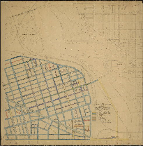 Plan, Plan colored to show character of cartway paving compiled from office records and field examinations. Feb. 13, 1912. Cartway widths shown in black. Small alleys and courts not shown.