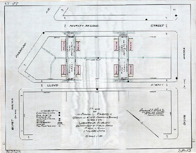 Plan, Plan of small parks (dedicated by U.S. Shipping Board) made for lighting survey, Department of Public Works, Fortieth Ward, Philadelphia