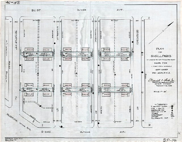 Plan, Plan of small parks dedicated by the U.S. Shipping Board, made for lighting survey, 40th Ward, Philadelphia