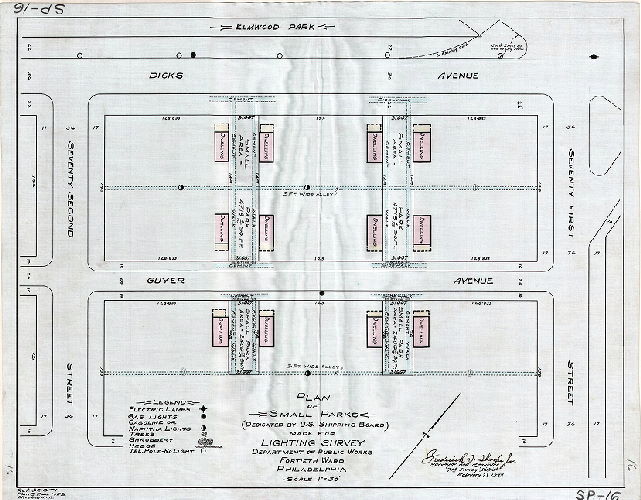 Plan, Plan of small parks (dedicated by U.S. Shipping Board) made for lighting survey, Department of Public Works, Fortieth Ward, Philadelphia