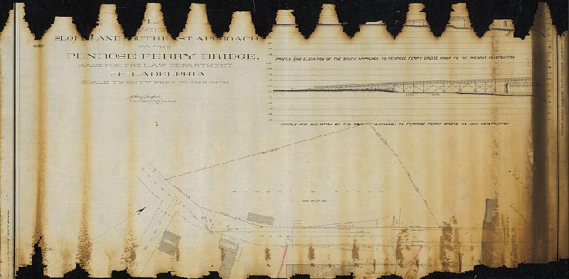 Plan, Plan showing the slopes and southeast approach to the Penrose Ferry Bridge, made for the Law Department, Philadelphia.