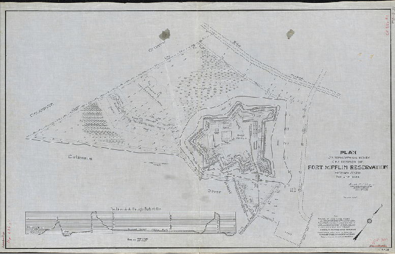 Plan, Plan of topographical survey of a portion of Fort Mifflin Reservation, Fortieth Ward, Philadelphia