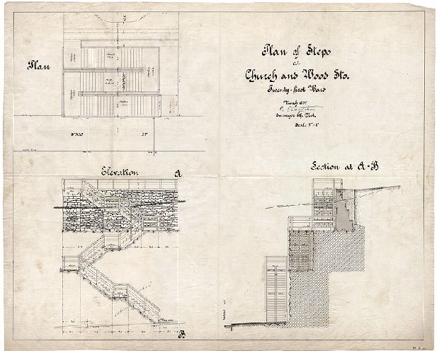 Plan, Plan of steps at Church [now Krams Ave.] and Wood [now Silverwood] Sts., Twenty-first Ward. March 1897. C. S. Sundstrom, Surveyor 8th Dist. Scale 1/4" = 1'