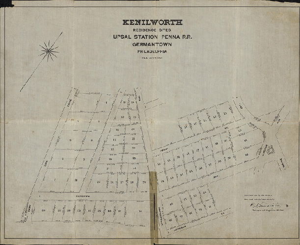 Plan, Kenilworth Residence Sites, Upsal Station Penna. R.R., Germantown, Phila. Feb. 27th, 1901. Lots laid out by the owners. Plan and calculations made by C. A. Sundstrom, Surveyor and Regulator, 8th Dist.