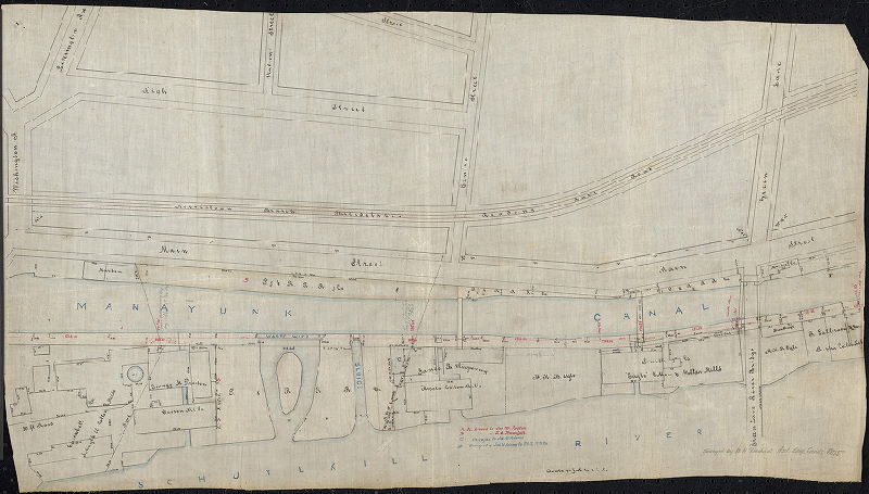 Plan, Surveyed by W. H. Dechant, Asst Eng. Canals, 1875 [Detailed delineation of Manayunk Canal from about Leverington Ave. to below Green Lane Bridge]