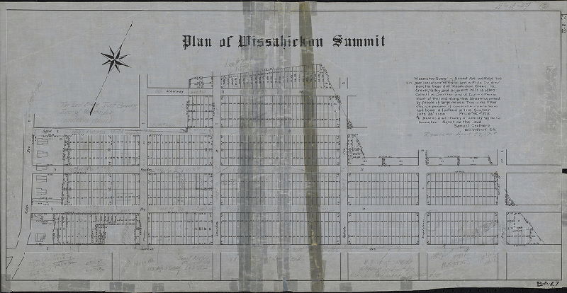 Plan, Plan of Wissahickon Summit. [Promotional text: "…600' from the beautiful Wissahickon Creek...the Switzerland of Eastern Penna. … Most of the land along this stream is owned by people of large means. This is the first chance people of moderate means have had to get a foothold in this Section. Lots 2' x 100. Price $90 - $275. $2 secures a lot. Weekly or monthly payments thereafter. Agent on the land: Samuel Crothers, 1211 Walnut St."] 