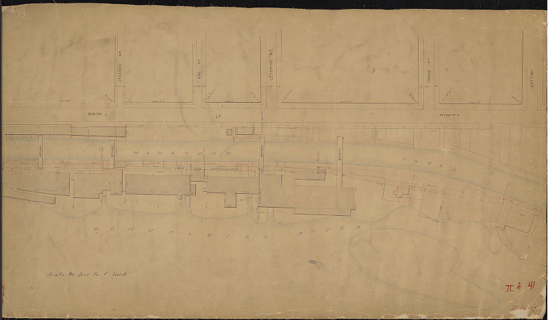 Plan, [No title. Plan of streets and industrial buildings along the Manayunk Canal of the Schuylkill Navigation Co. Manayunk, from above Jackson Street to Cotton Street. This plan is contiguous with SD9TH-II-A-42]