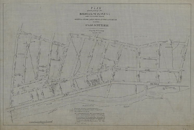 Plan, Plan of that part of the Borough of Manayunk which is included between Green and Shurs Lanes, Wood and Tower Streets, and the River Schuylkill. Surveyed by John Levering, September 1842. [NOTE: also blueprint copy in 9th Survey Flat File VIII-A-4]