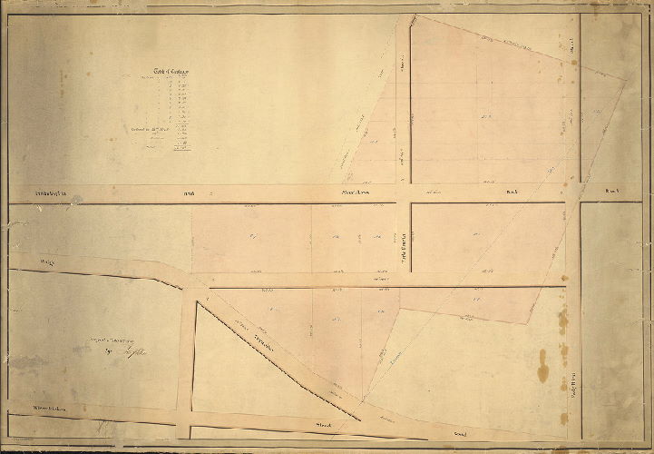 Plan, Surveyed 5th Mo 8th 1849 by Joseph Fox [On reverse: "Property plan 569. Filed 1487, 1488, 1489, 1493"]