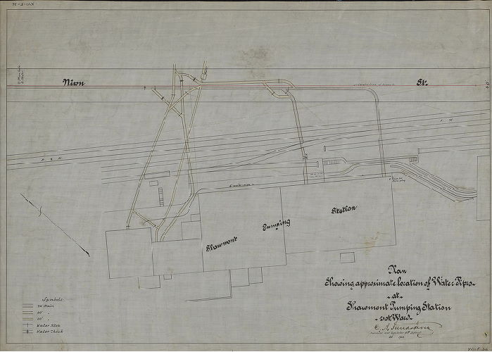 Plan, Plan showing approximate location of water pipes at Shawmont Pumping Station, Twenty-first Ward.