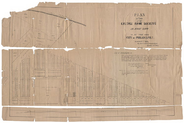 Plan, Plan of lots of the Cottage Home Society's 20 acres land in the First Ward City of Philadelphia. Surveyed by T. Daley, Regulator of First District West, September 10th, 1857. [Lithograph, filed with Deed 13 in Deeds File Cabinet, City Plans Unit]