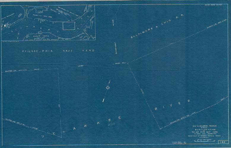 Plan, North and south wharves, Delaware River. Department of Wharves, Docks and Ferries, Philadelphia. SW-9. South Delaware wharves between Baltimore and Ohio Railroad yard and Philadelphia Navy Yard. 