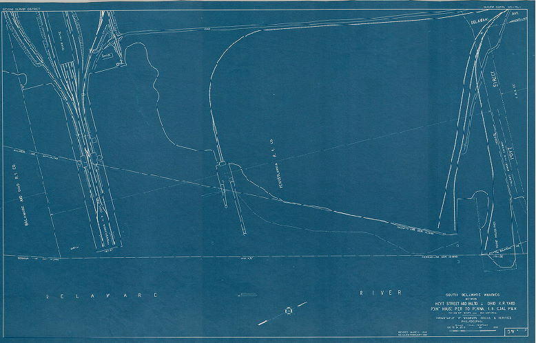 Plan, North and south wharves, Delaware River. Department of Wharves, Docks and Ferries, Philadelphia. SW7-2. South Delaware wharves between Hoyt Street and Baltimore and Ohio railroad yard, Point House Pier to Pennsylvania Railroad Coal Pier. 