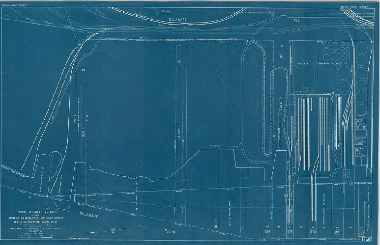 Plan, North and south wharves, Delaware River. Department of Wharves, Docks and Ferries, Philadelphia. SW6-2. South Delaware wharves between Pier No. 105 (Publicker) and Hoyt Street, Pier No. 106 and Point House Pier. 